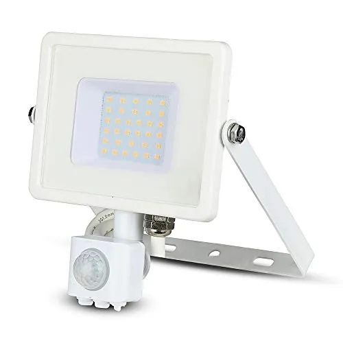 V-TAC 30W con sensore di movimento Impermeabile Sicurezza esterna Proiettore a LED con Samsung LED Corpo bianco Vetro bianco IP65 6400K Bianco 2550 Lumen