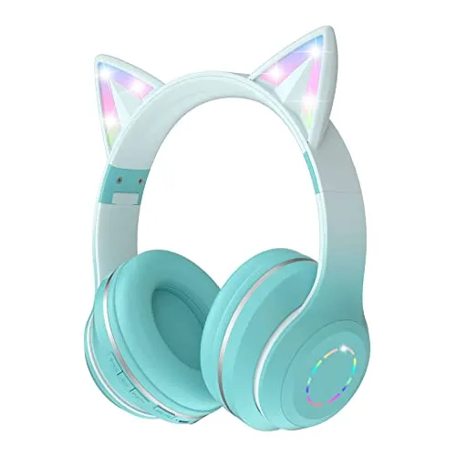 Cuffie Bluetooth per bambini, con orecchie di gatto, pieghevoli, per ragazze, senza fili, con luce a LED, orecchie di gatto e microfono per scuola/tablet/cellulare/PC (blu) (blu)