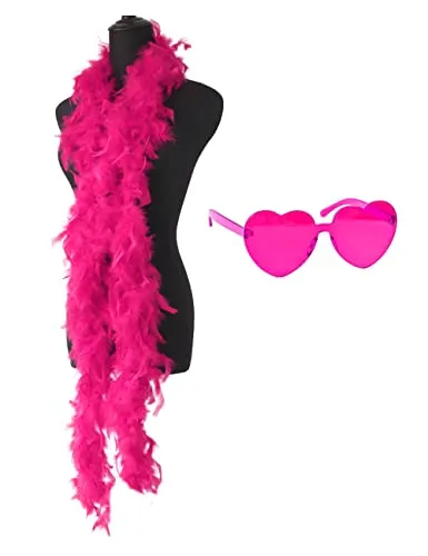 db11, Boa di piume colorate da donna lungo 2 metri, per balli, matrimoni, feste, cosplay, Halloween, con occhiali da sole con lenti a forma di cuore senza montatura (fucsia)
