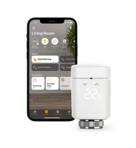 Eve Thermo - Valvola Termostatica Intelligente con Display a LED, Controllo Automatico della Temperatura, non Richiede Bridge, Bluetooth/Thread, Apple HomeKit, Made in Germany