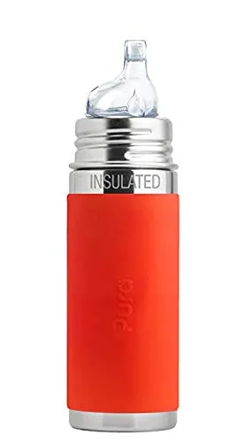 Pura Kiki - Biberon con inserto per imparare a bere, in acciaio INOX con custodia in silicone, 250 ml, senza plastica, colore: Arancione