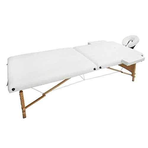 Todeco - Tavolo Da Massaggio Pieghevole, Tavolo Terapia Professionale - Dimensione: 186 x 71 x 62 cm - Altezza: Regolabile 62-83 cm - Bianco, Gambi in legno, 2 sezioni pieghevoli, con poggiatesta, bracciolo, sacchetto trasportabile