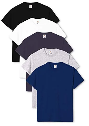 Fruit Of The Loom - T-shirt da uomo originale, confezione da 5 Nero/Bianco/Blu marino/Grigio erica/Blu marino L