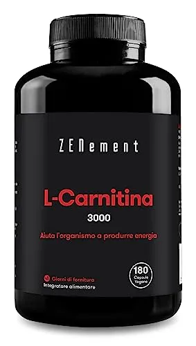 L-Carnitina, 3000 mg per dose, 180 Capsule | Aiuta l'organismo a produrre Energia, migliorare le Prestazioni Sportive e a Perdere Peso | Vegan, Senza Glutine | Zenement