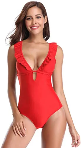 SHEKINI Costume da Bagno Donna Intero Un Pezzo Bikini Imbottito Halter Profondo V Scollo Triangolo Regolabile Cross Straps Ruffles Costumi Interi Donna Mare Elegant Balze Beachwear (M, Rosso)