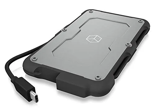 ICY BOX Alloggiamento esterno USB-C per HDD/SSD da 2,5", impermeabile, USB 3.1 (Gen 2, 10 Gbps), cavo integrato, argento/nero