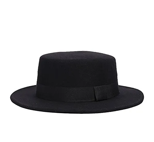 Butterme Moda Larga del Bordo di Fedora Lana Flat Top Chiesa Cappello Derby Bowknot Tappo per Adulti Donne Uomini Autunm Inverno (Nero)