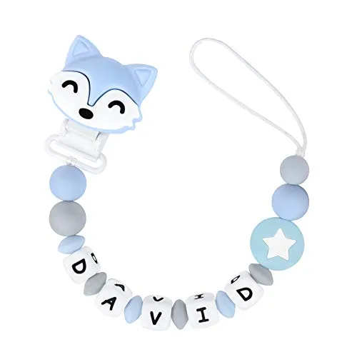 MCGMITT Catenella Portaciuccio con Nome Ragazzo Catenella Ciuccio Clip 10 Lettere Permesse Silicone Neonati Dentizione Personalizzata con perle in silicone Dentizione Giocattoli (Blu)