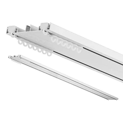 Binario per tende e sopratende arricciate a 2 canali - installazione a soffitto - movimento tenda manuale (no corda) - in alluminio dim. 9x1 cm, completo per l’installazione (CM 180)