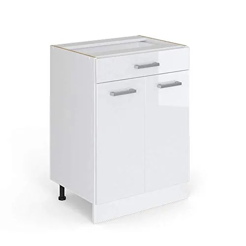 Vicco mobiletto base per cucina R-Line, Bianco lucido/Bianco, 60 cm con cassetto, senza piano di lavoro