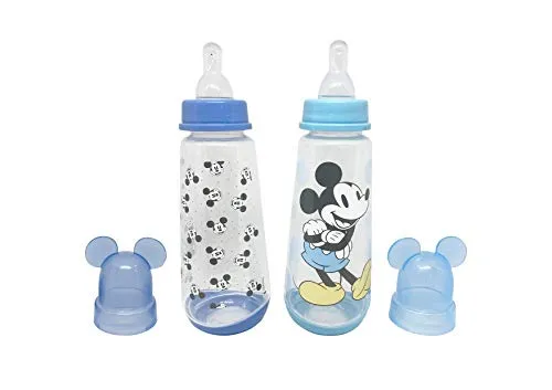 Disney Cudlie Mickey Mouse Baby Boy 2 Pack of 9 Oz Bottles with Removeable Character Molded Lid in Baby Mickey Star Print
