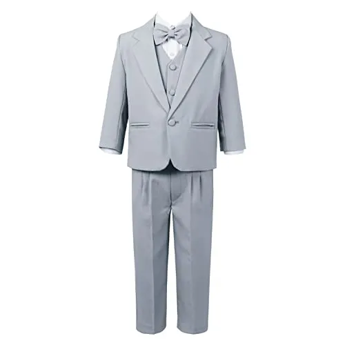 Freebily Completini e Coordinati Neonati Bambini Smoking 5Pcs Balzer + Gilet + Camicia + Pantaloni + Cravatta a Farfalla Gentiluomo Suit per Matrimonio Cerimonia Battesimo Nozze Grigio 13-14 Anni