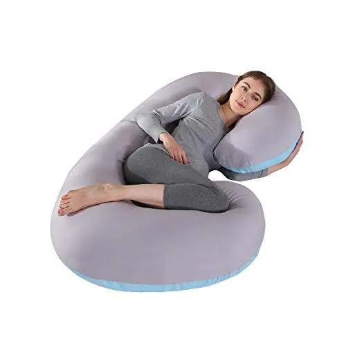 KINGSON Cuscino per Gravidanza a Forma di C,Grande Cuscino Gravidanza per Dormire Prenatal e Allattamento Neonato,100% Cotone on Fodera Rimovibile e Lavabile (C Forma-Blu&Grigio, Cotone)