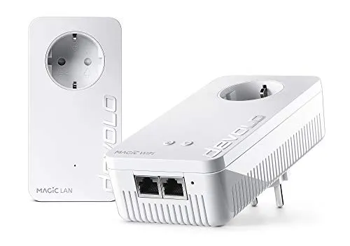 Devolo Magic 2 WiFi: Powerline con funzione WLAN per aumento prestazioni, WiFi fino a 2400 Mbit/s AC, 2x adattatore Gigabit con allacciamento LAN, presa integrata, Mesh WiFi, Access Point, bianco