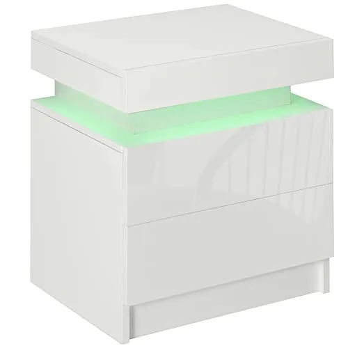 homcom Comodino con Luce LED RGB Incorporata con 2 Cassetti, 4 Modalità di Luce e 16 Colori, in Truciolato, 45x35x52cm, Bianco