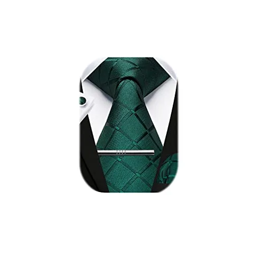 HISDERN Uomo Cravatta Scozzese Verde Scuro Fazzoletto Gemelli Fermacravatta Set Regali Festa Nuziale Formale Cravatta e pochette Set