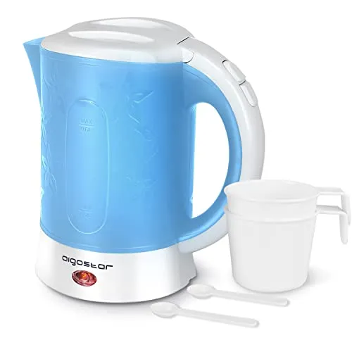 Aigostar Mini Bollitore acqua elettrico da Viaggio 0.6L, 650W, Boiler Piccolo Elettrico Portatile, Spegnimento Automatico e Protezione, inclusi due 2 tazzine e 2 cucchiai, BPA Free, blu