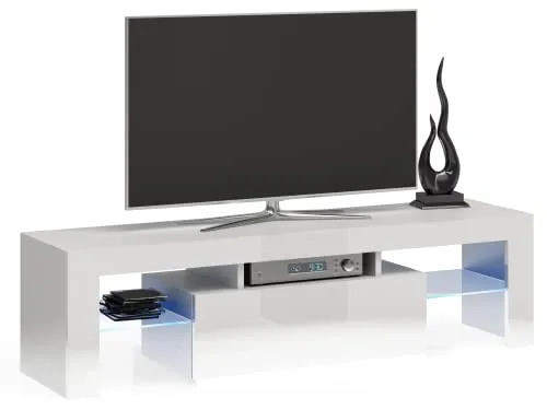 ADGO - Supporto decorativo per TV con 3 ripiani, in vetro, con spazio per riporre oggetti, lungo, 140 cm, colore bianco lucido