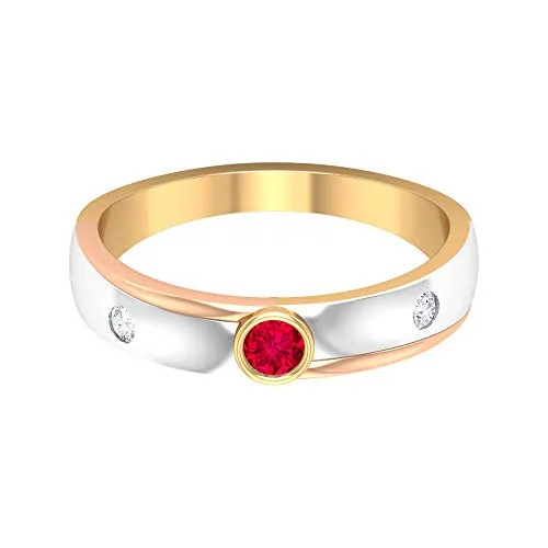 Anello solitario con rubino da 0,15 carati, 2 mm, diamante HI-SI, anello di fidanzamento in oro tricolore (3 mm di rubino rotondo), 14K Giallo oro, Size:EU 70