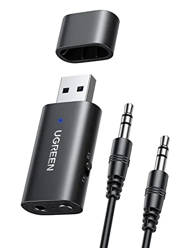 UGREEN Adattatore Bluetooth 5.1 con Jack 3,5mm, Trasmettitore e Ricevitore Bluetooth Audio Wireless con Micro Integrato, Trasmettitore Bluetooth a Bassa Latenza con Cavo Audio 3,5mm