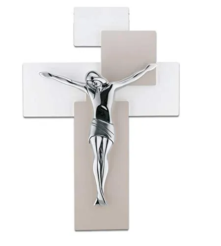 MEMORY SRL Grande crocifisso Cristo da Parete Moderno 60x40 Cristo Argentato Legno Bianco Tortora Made in Italy me12104n