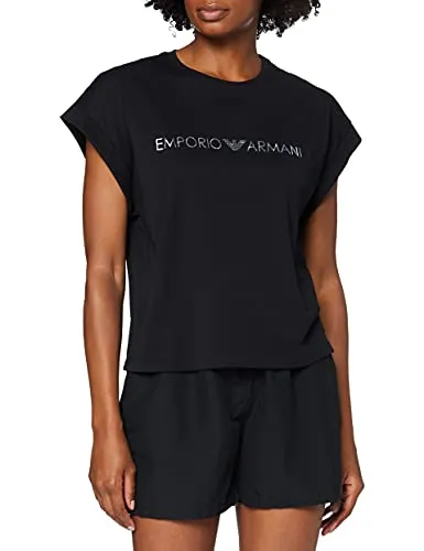 Emporio Armani Swimwear T-Shirt Beachwear Lover, Logo Nero/Argento, L Donna