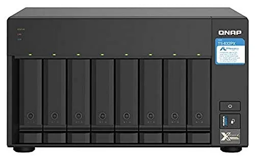 QNAP 8-bay QTS Nas TS-832PX-4G Up to 8 HDD/SSD Hot-Swap. AL324 Arm Cortex-A57 Quad-Core. Processor Frequency 1.7 GHz. 4 GB. DDR4. 2x2.5GbE. 2x10GbE 3xUSB 3.2 Gen 1. 1xPCIe