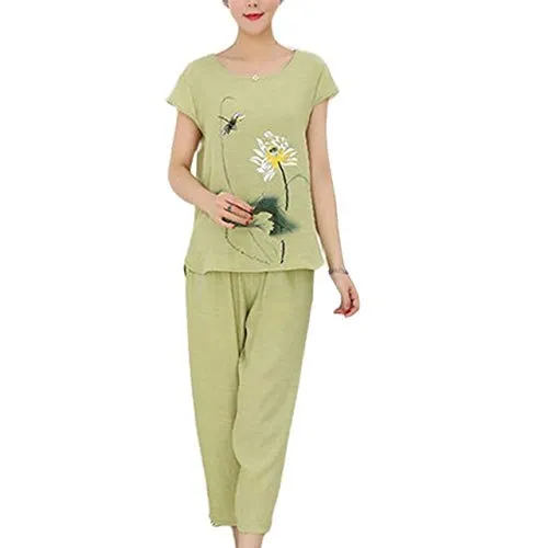 JFCDB Accappatoi Pigiama Estivo Donna Taglie Forti Set   Lotus Top a Maniche Corte Stampa Floreale Pantaloni Capri Pantaloni da Notte Allentati Loungewear XL-4XL, GG, 4XL