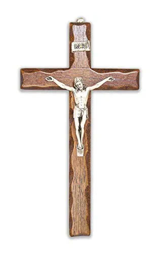 Crocifisso in Legno - da Parete - Cristo Placcato Argento 999 - Prodotto in Umbria Italy - (17 X 9.5 cm)