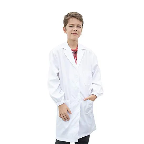 Icertag Camice da Laboratorio per Bambini, Cappotto Medico, Cappotto Ambito Medico con Bottoni di Sicurezza, Abito in Cotone Bianco Unisex per Bambini (Altezza:130-140 cm)