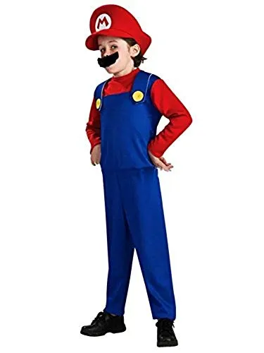 thematys Super Mario Luigi Cappello + Pantaloni + Barba - Costume per Bambini - Perfetto per Carnevale e Cosplay (Medium 120-130cm, Super Mario)