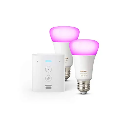 Echo Flex + Lampadine intelligenti a LED Philips Hue White & Color Ambiance, confezione da 2 lampadine, compatibili con Bluetooth e Zigbee (non è necessario un hub)