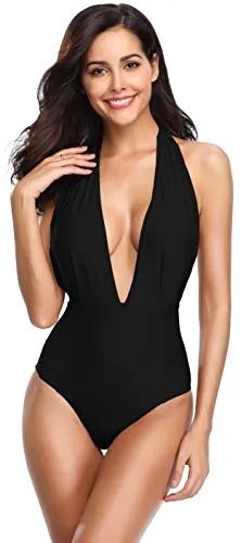 SHEKINI Donna Costume da Bagno Intero Profondo Scollo a V Halter Regolabili Beachwear Slim Backless Monokini Costumi Spiaggia（Medium, Nero）