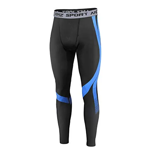 AMZSPORT Pantaloni Compressione Termica da Uomo Collant Base Layer Leggins da Corsa Invernali, Nero Blu M