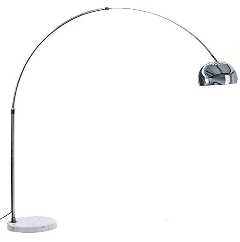 Lampada Ad Arco con Base Rotonda in Marmo Bianco, Lampada da Terra Design Moderno, Struttura in Alluminio Cromato, Altezza 166 cm, Marmo Bianco