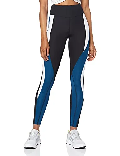 Marchio Amazon - AURIQUE Leggings Sportivi Colour Block a Vita Alta Donna, Nero (Black/Gibraltar Sea/White), 40, Label:XS