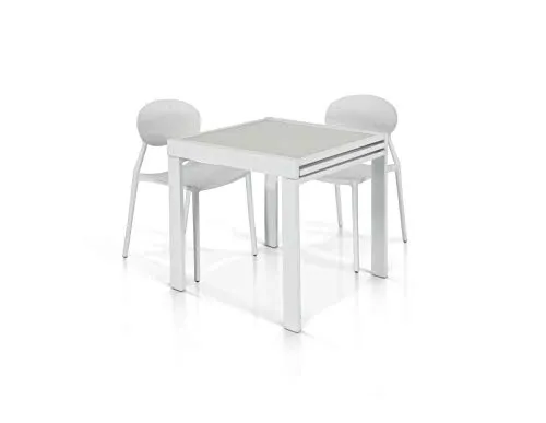 Tavolo Allungabile fino a 140 cm, Moderno, Piano in Vetro Bianco, Base Metallo bianco - Mis. 70×70x75 cm.