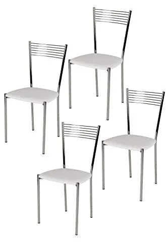 Tommychairs - Set 4 sedie modello Elegance per cucina bar e sala da pranzo, struttura in acciaio cromato e seduta imbottita e rivestita in pelle artificiale colore bianco