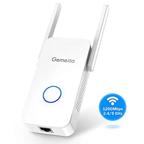 Gemeita Ripetitore WiFi 1200Mbps WiFi Extender 2.4 / 5GHz Dual Band WiFi Booster con Porta LAN, Doppia WLAN AC + N, WPS, AP/ripetitore/Router/modalità Client, Doppia Antenna