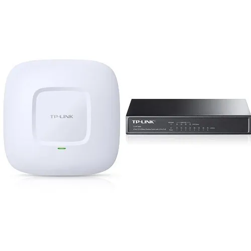 TP-LINK EAP110 Access Point Wireless N 300Mbps professionale, PoE passivo, Predisposizione al montaggio a soffitto, Captive portal, Funzione QoS + TP-Link TL-SF1008P, 8-Port 10/100 Mbps Desktop Switch with 4-Port PoE, Colore Nero