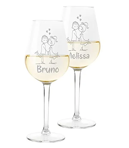 Coppia Calici Personalizzati Set da 2 calici Vino Personalizzati con Nome Innamorati Disegno - Bicchiere in Vetro 500 ml