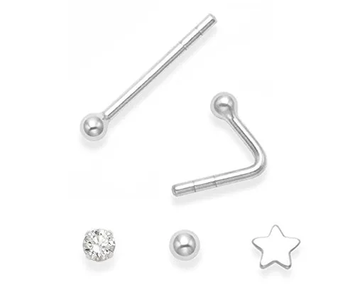 Heather Needham Silver - 3 Piercing singoli per naso in argento sterling: pallina, stella e zirconia cubica; dimensioni: 2 e 3 mm