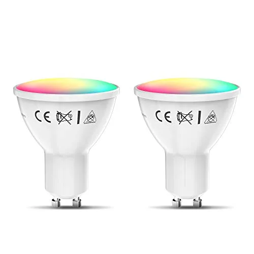 Lampadine LED smart RGB GU10, set di 2, luce calda fredda colorata, dimmerabili con lo smartphone, funziona con App per iOS e Android, Amazon Alexa, Google Home, lampadine Wi-Fi, 5.5W 350Lm
