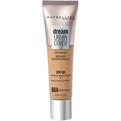 Maybelline New York Dream Urban Cover Fondotinta Liquido a Coprenza Medio-Alta, con Fattore di Protezione Solare SPF 50, Protegge dall'Inquinamento, 310 Warm Honey