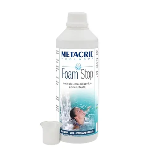 Metacril Antischiuma siliconico Super-concentrato Foam Stop 500 ml + DOSATORE.Ideale per Qualsiasi Tipo e Marca di Piscina o Idromassaggio