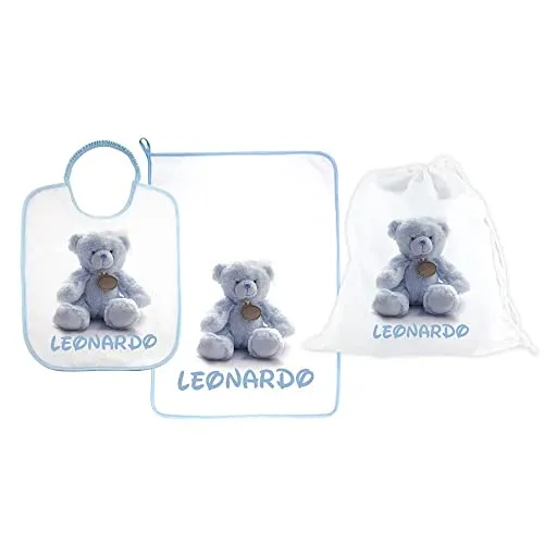 SET ASILO PERSONALIZZATO CON NOME composto da 3 pezzi: bavaglino spugna con elastico cm.27x30, asciugamano cm.40x55 e sacca PERSONALIZZATI Made in Italy - CONSEGNA TEMPESTIVA (ORSO AZZURRO)