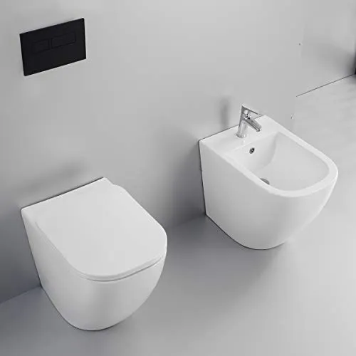 Yellowshop - Sanitari bagno a terra filo muro - Wc rimless, copriwc soft close e bidet mod. Nook