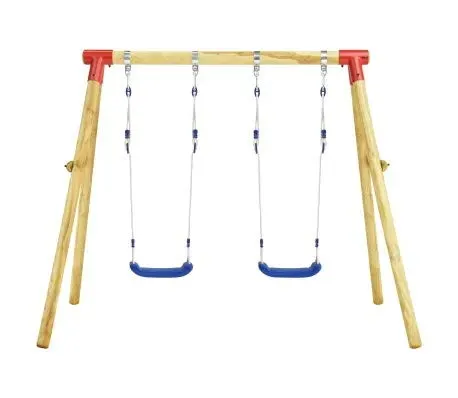 Altalena Doppia da Giardino per Bambini,con Corde Regolabili,Resistente ai Raggi UV,Antivento e antipioggia,in Legno di Pino,Marrone e Blu,230 x 130 x 166 cm