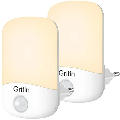 Gritin Luce Notturna LED, [2 Pezzi] Automatiche Luce Notturna con Sensore Crepuscolare, Plug-And-Play, Luce Notturna da Presa per Camerette, Soggiorno, Corridoio, Bagno, Cucina, Scale