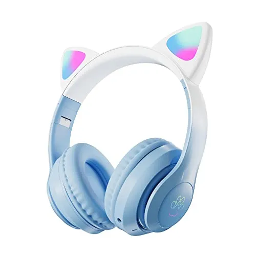 JUVEL Cuffie Bluetooth con orecchie di Gatto/Microfono/illuminazione LED Cuffie Senza fili, Pieghevoli Facilmente Regolabili Tramite Auricolari, per Smartphone/Scuola/Gaming(Blu)